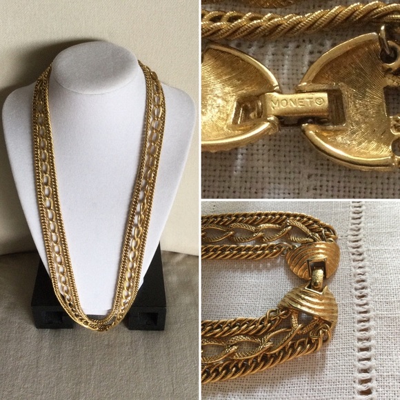 Monet Vintage Triple Str Goldtone Chain Necklace - Picture 1 of 6